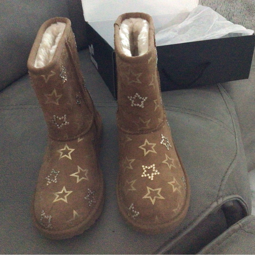 UGG Chestnut Suede Star Rhinestone Mid-Calf Boots